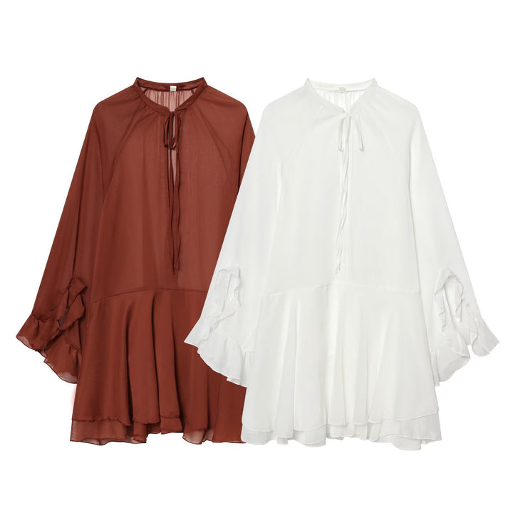 Damen Fließendes Chiffon-Minikleid mit Rüschenärmeln und Schluppe Echoarchiv