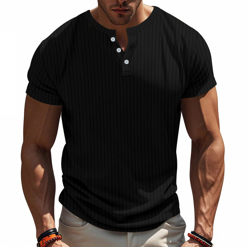 Herren Kurzarm-Henley-Shirt mit strukturiertem Streifenmuster und modischen Knöpfen Echoarchiv