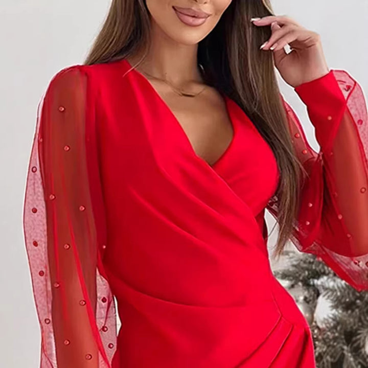 Damen Wickelkleid mit eleganten transparenten Ärmeln und schimmerndem Detail Echo Archiv