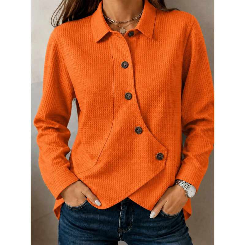 Damen strukturierte Waffel-Hemdjacke mit asymmetrischer Knopfleiste und Eingrifftasche – Célinea