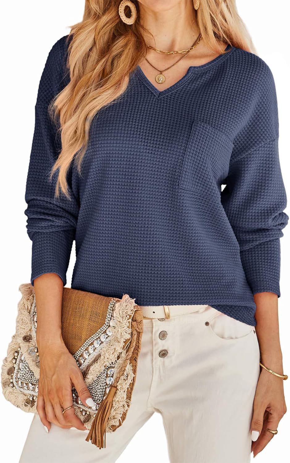 Damen Waffel-Strickpullover mit V-Ausschnitt, Brusttasche und lässiger Passform Echoarchiv