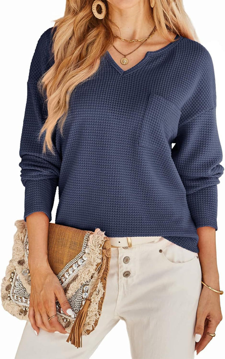 Damen Waffel-Strickpullover mit V-Ausschnitt, Brusttasche und lässiger Passform Echoarchiv