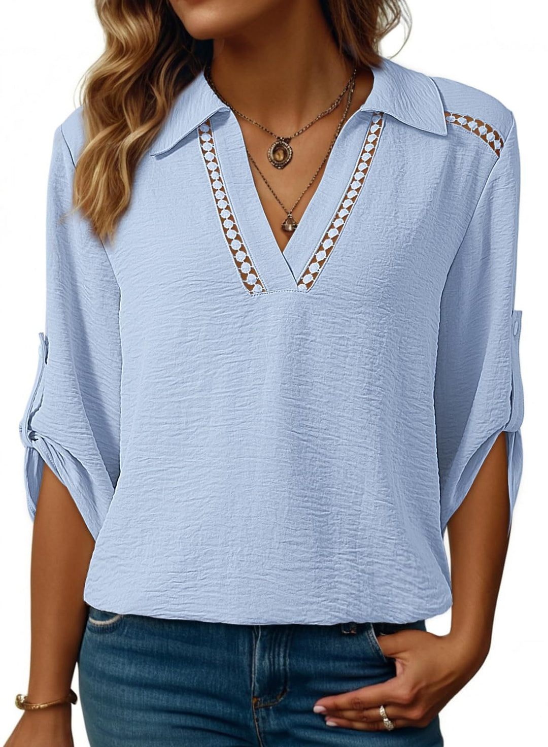 Damen Bluse mit V-Ausschnitt, gehäkelter Spitzenpasse und krempelbaren Dreiviertelärmeln – Élovi