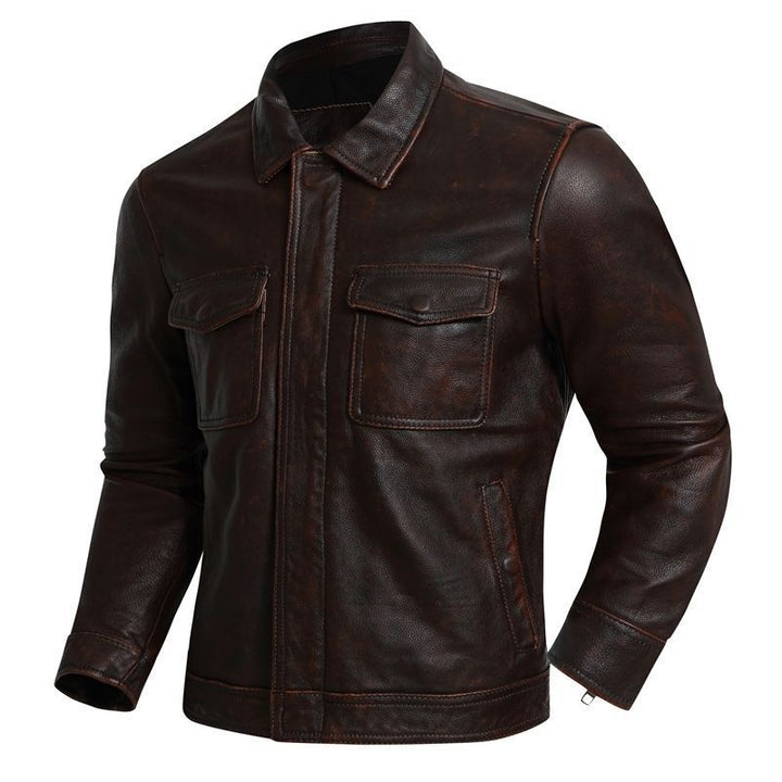 Herren Lederjacke im Worker-Stil mit Brusttaschen und durchgehendem Reißverschluss Echoarchiv