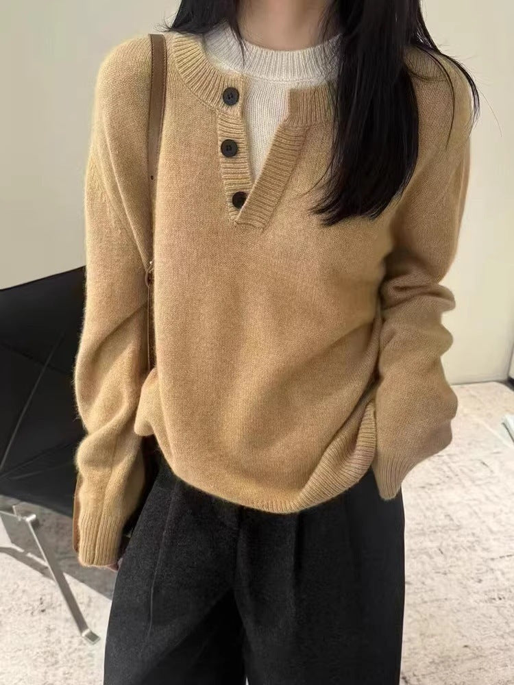 Damen Oversize-Henley-Pullover aus flauschigem Mohair‑Look mit Knopfleiste Echoarchiv