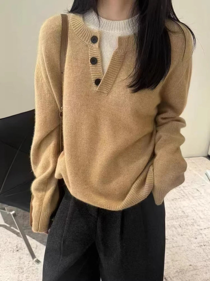 Damen Oversize-Henley-Pullover aus flauschigem Mohair‑Look mit Knopfleiste Echoarchiv