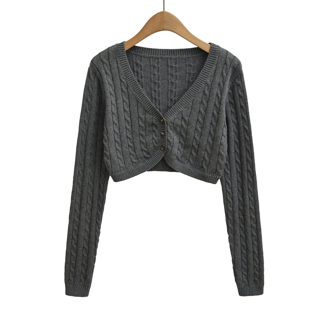 Damen Kurzgeschnittener Zopfstrick-Cardigan mit V‑Ausschnitt und Knopfleiste Echoarchiv