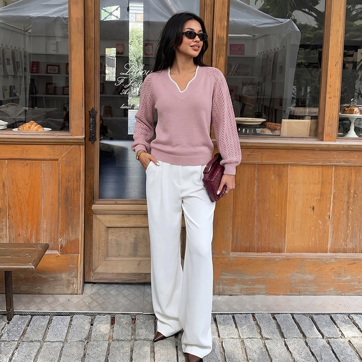 Damen Eleganter Pullover mit Lochmuster und V-Ausschnitt Echo Archiv