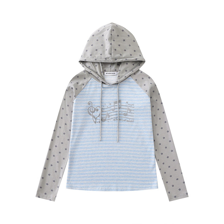 Damen Kapuzen-Langarmshirt im Raglanstil mit Sternärmeln und Noten-Print Echoarchiv