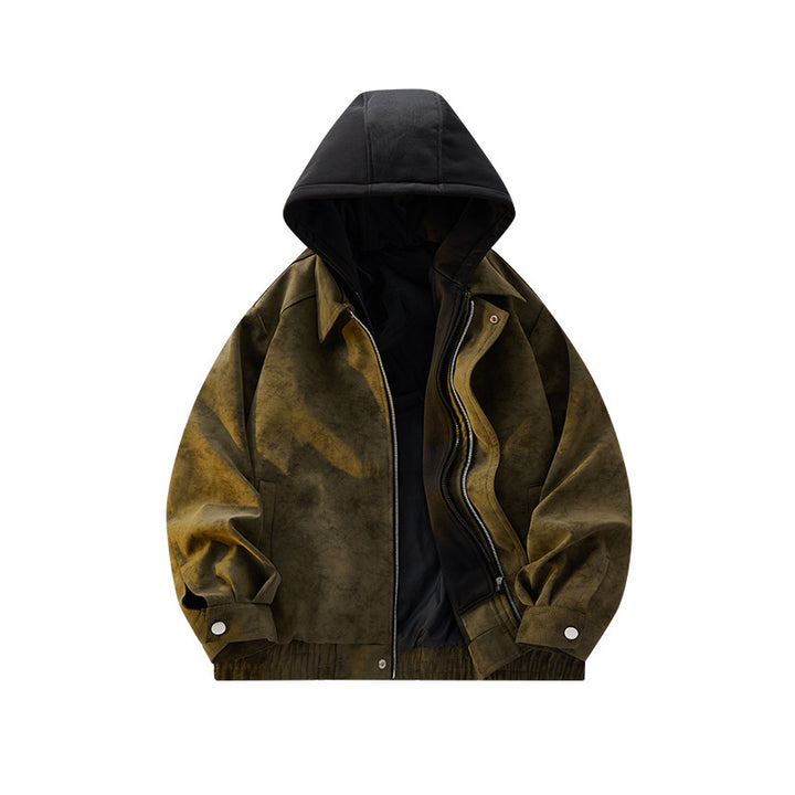 Herren Oversized Velourslederoptik Bomberjacke mit Kapuze und Doppelreißverschluss Echo Archiv