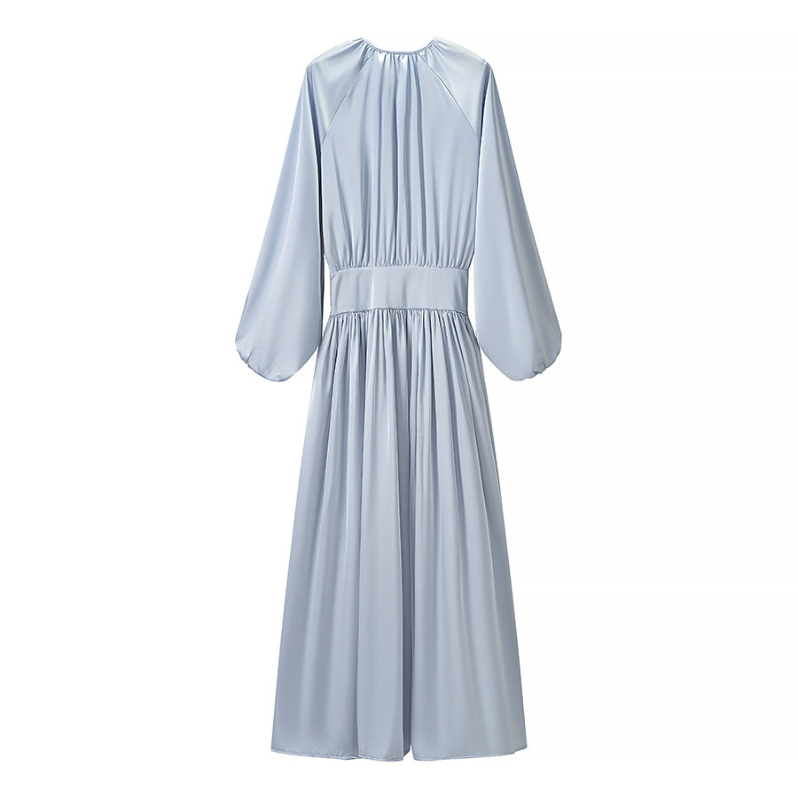 Damen Fließendes Maxikleid mit Ballonärmeln, geraffter Taille und Rundhalsausschnitt Echoarchiv