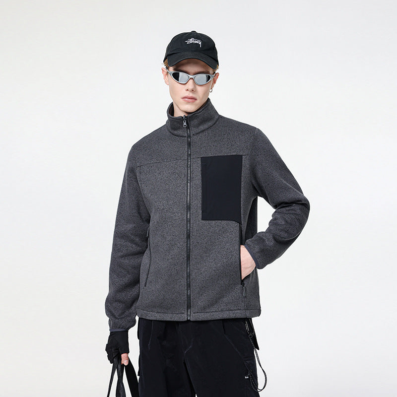 Herren Struktur-Fleece-Zipjacke mit hohem Stehkragen und Nylon-Brusttasche Echo Archiv