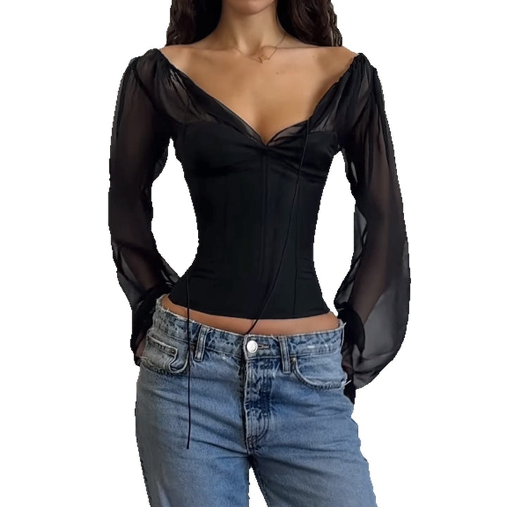 Damen elegantes Oberteil mit transparenten Ärmeln und schmaler Silhouette Echo Archiv