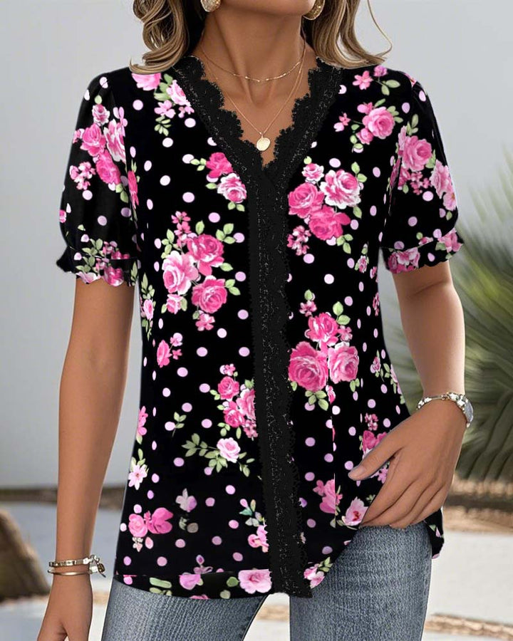 Damen nan florale V-Ausschnitt-Bluse mit dekorativer Spitzenblende und gerafften Kurzärmeln Echo Archiv