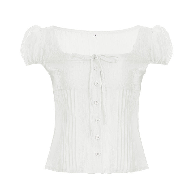 Damen Kurzarm Hemdbluse mit eleganter Raffung und verspieltem Bindeband Echo Archiv