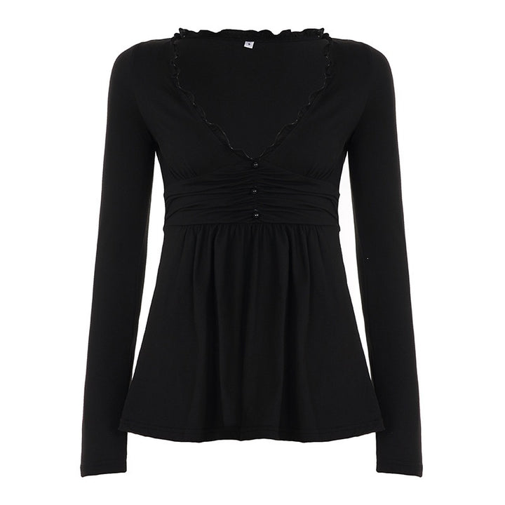 Damen Langarm-Wickelshirt im Empire-Stil mit geraffter Unterbrust und Rüschenkragen – Élovi
