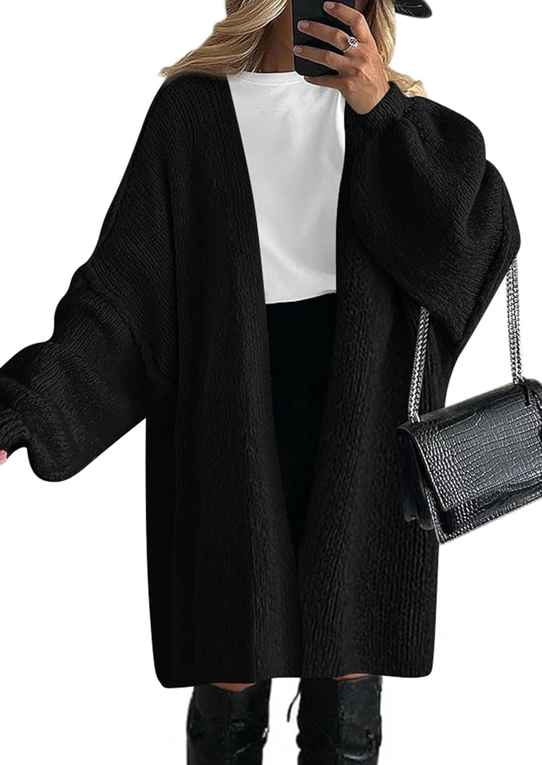 Damen Oversize Strickcardigan mit weiten Ballonärmeln und offener Front Echoarchiv