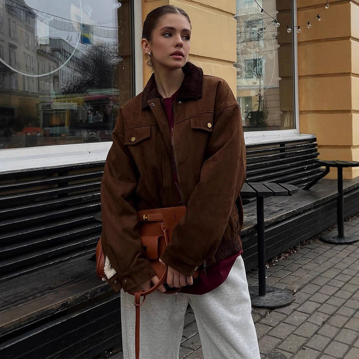 Damen Boxy-Suede-Blousonjacke mit Cordkragen und Teddyfutter Echoarchiv