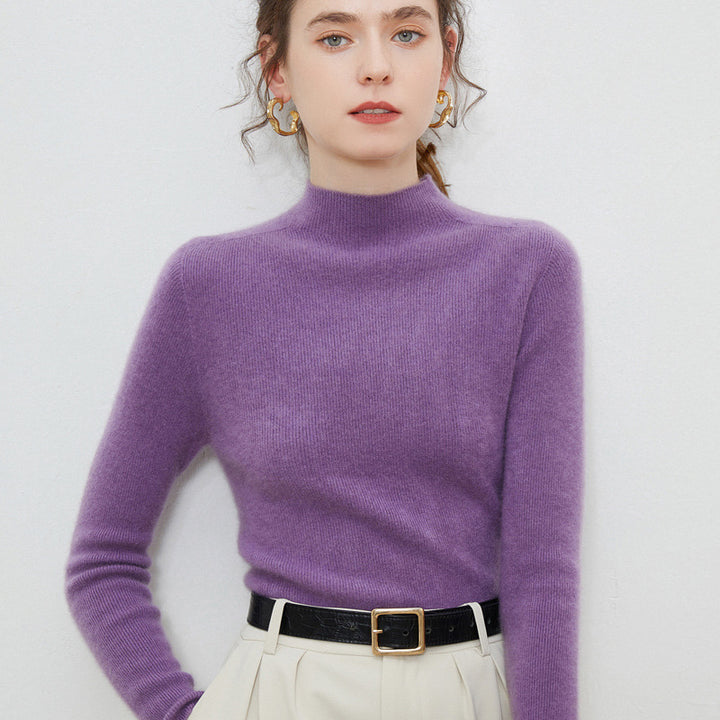 Damen Leichter taillierter Mockneck-Pullover in kaschmirähnlicher Mohair-Optik mit feiner Rippenstruktur Echoarchiv