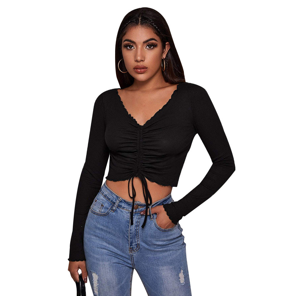 Damen geripptes Cropped-Longsleeve mit Tunnelzugvorderseite, Bindekordeln und gewelltem Saum – Avérine