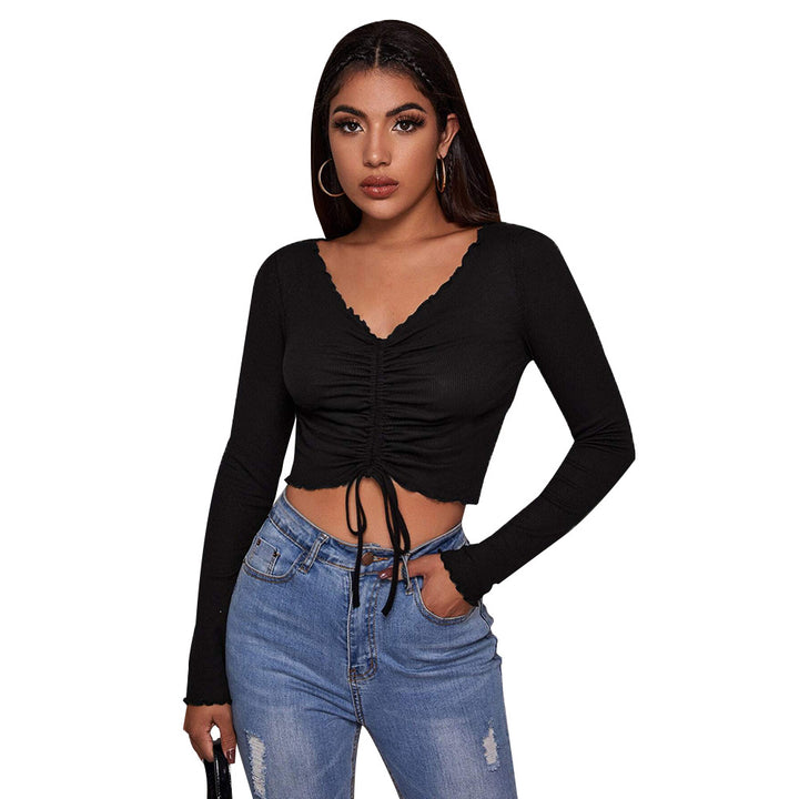 Damen geripptes Cropped-Longsleeve mit Tunnelzugvorderseite, Bindekordeln und gewelltem Saum – Avérine