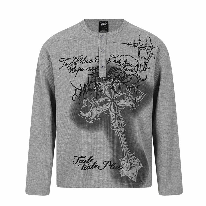 Herren Langarm-Henleyshirt mit Waffelstruktur, Knopfleiste und großflächigem Grafikprint Echoarchiv
