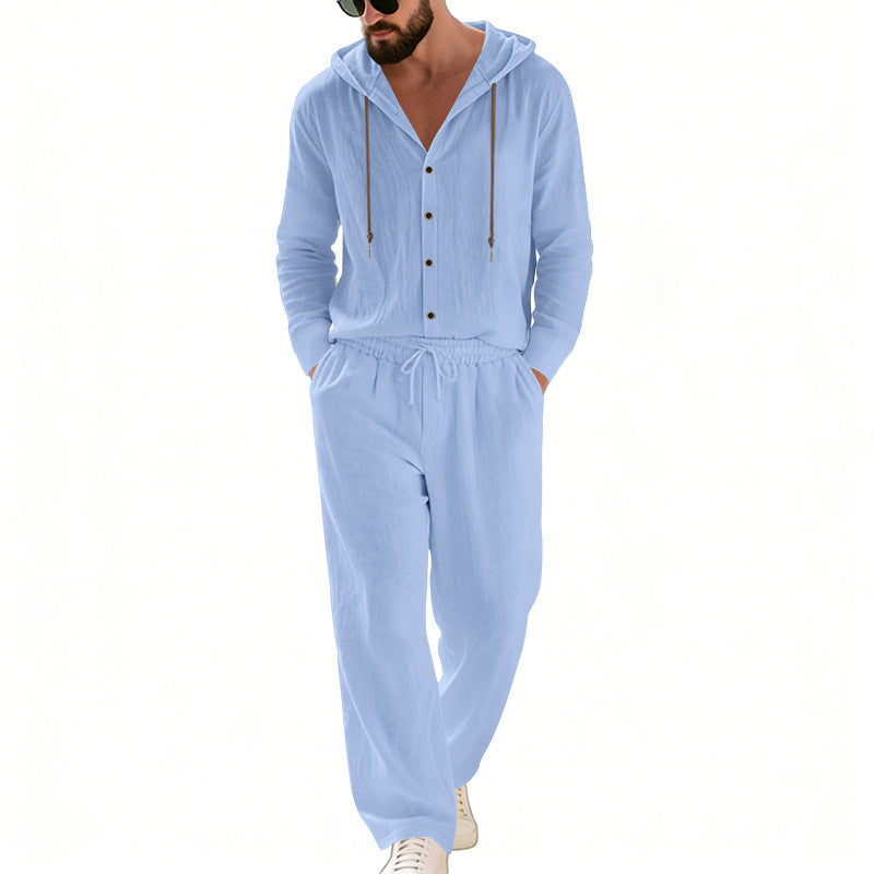 Herren nan legeres Kapuzen-Lounge-Set mit Knopfleiste, Kordelbundhose und seitlichen Eingrifftaschen Echo Archiv