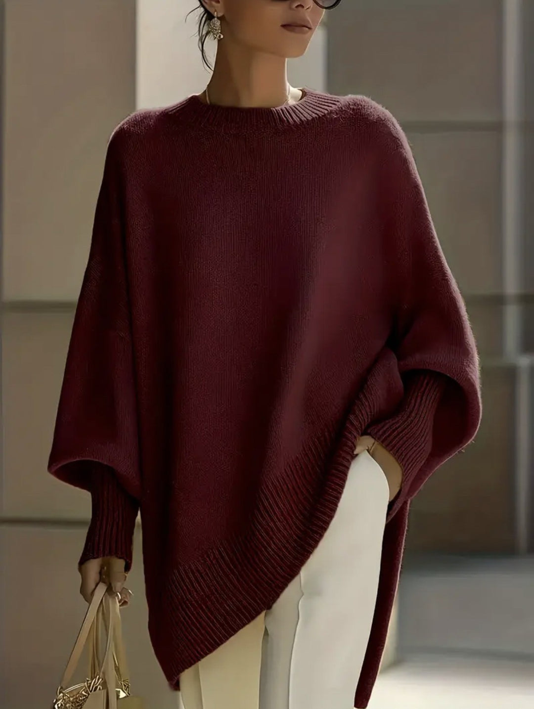 Damen nan Oversize Strickponcho mit asymmetrischem Saum und gerippten Ärmeln Echo Archiv