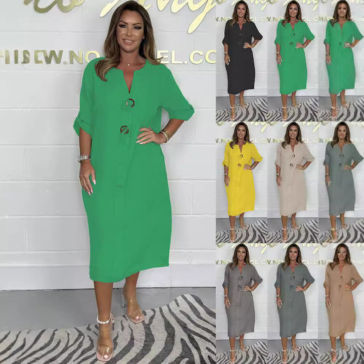 Damen Leinenlook Midi Kleid mit V-Schlitz, Kordelzug und rollbaren Dreiviertelärmeln – Élara