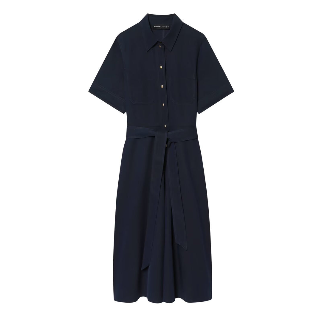 Damen Kurzarm-Hemdblusenkleid mit durchgehender Knopfleiste, Taillengürtel und Brusttaschen Echoarchiv