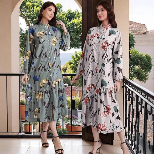 Damen Hemdblusenkleid mit Aquarell-Blumenprint, Stehkragen & Stufenrock – Lunéa