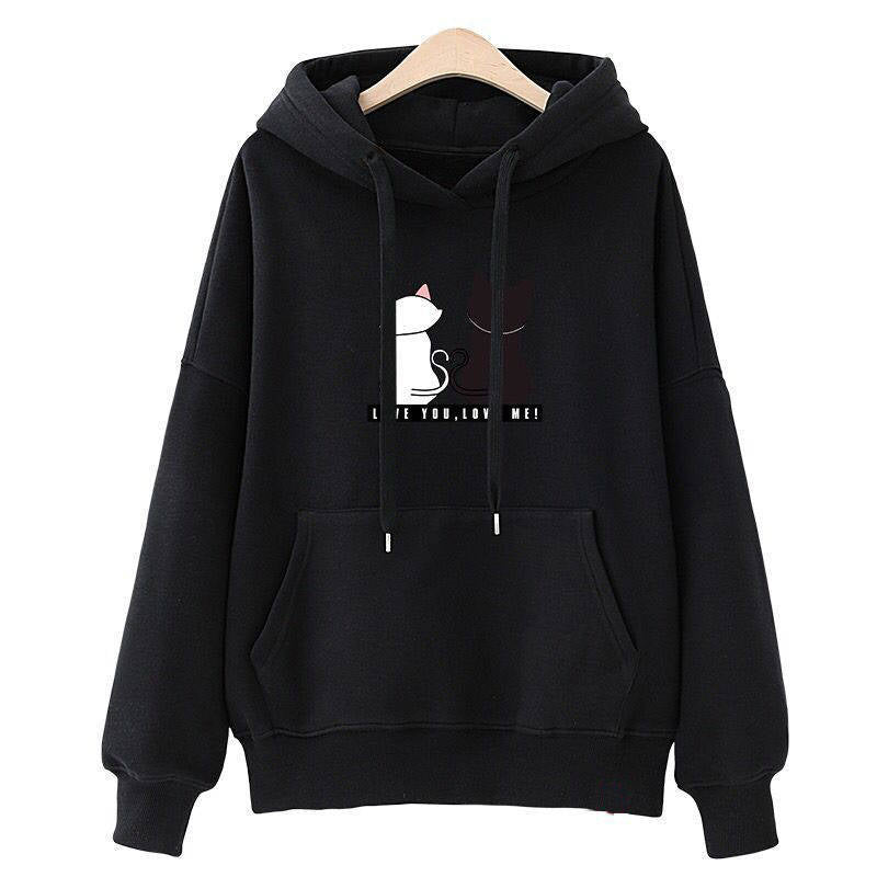Damen Kapuzenpullover mit Katzen-Print, lockerem Schnitt und Kängurutasche – Auréline