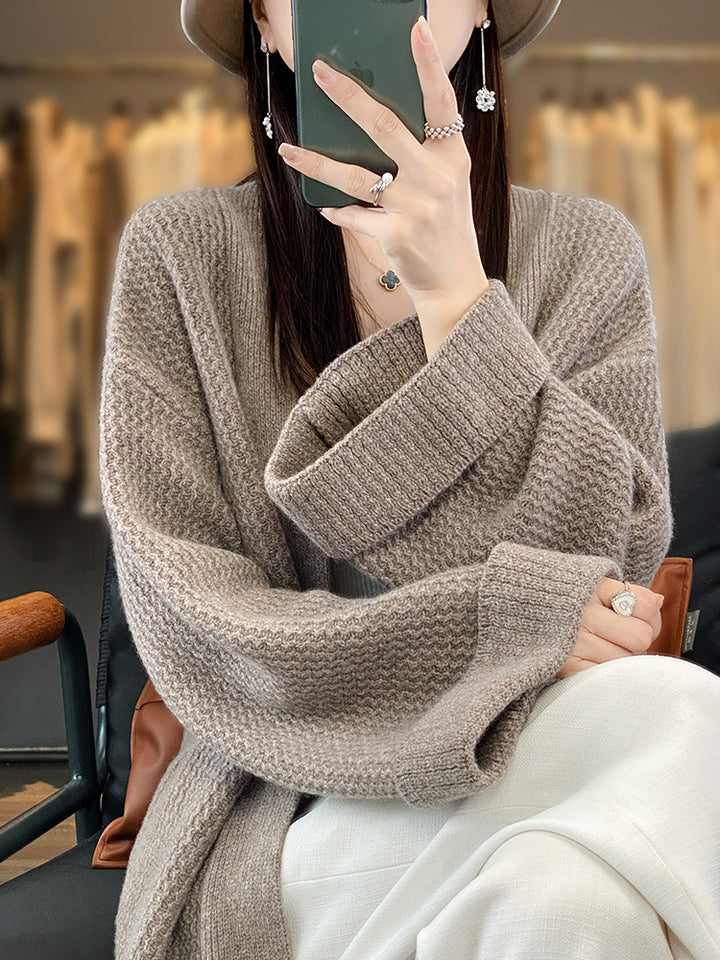 Damen Langer Oversize-Strickcardigan mit Strukturmuster und aufgesetzten Taschen Echoarchiv