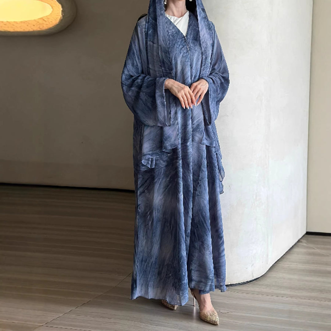 Damen langes fließendes Kapuzenkaftan Kleid mit weitem Arm und mehrlagigem Chiffon – Valéora