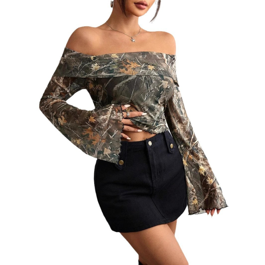 Damen nan schulterfreies Langarm-Top mit Camouflage-Blattmuster und ausgestellten Ärmeln Echo Archiv