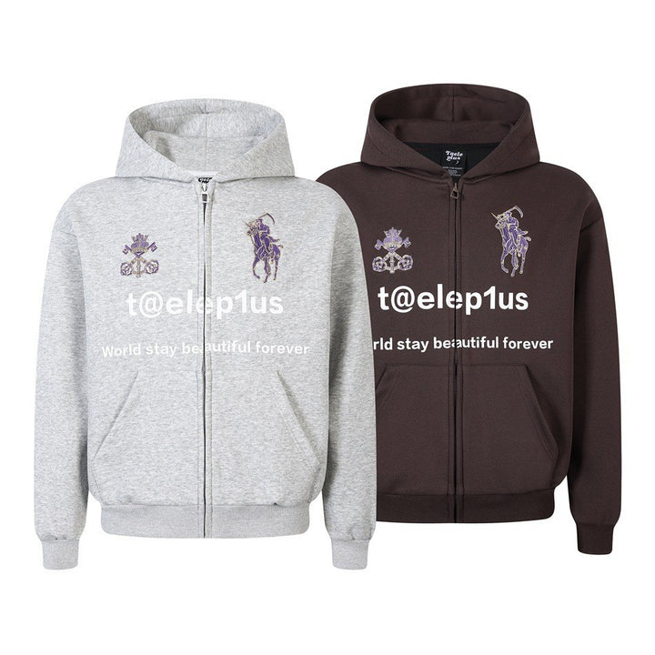 Unisex Kapuzen‑Zipjacke mit gestickten Wappen und Frontprint Echoarchiv