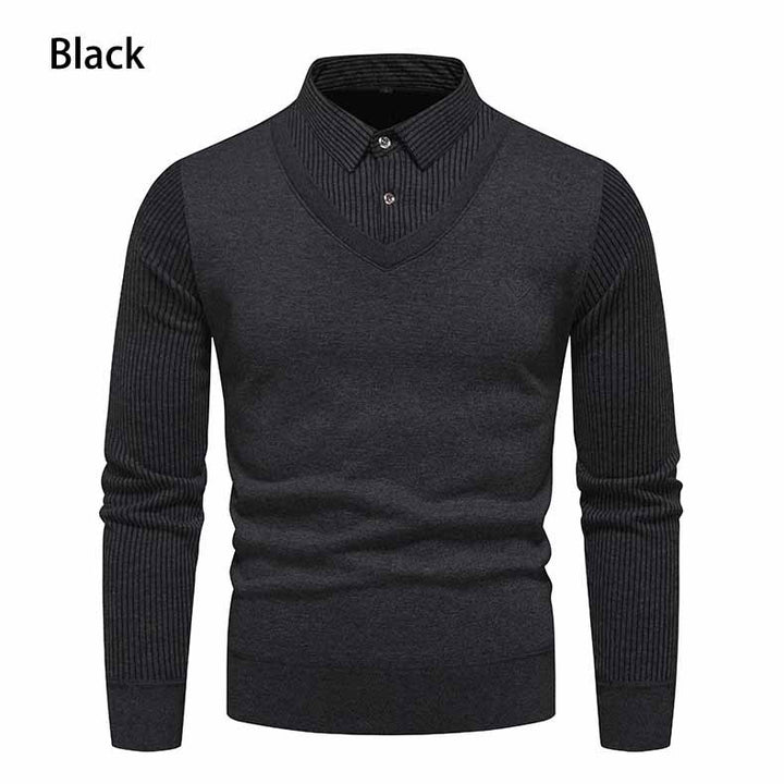 Herren Figurbetonter V‑Ausschnitt-Pullover mit integriertem Hemdkragen und gerippten Ärmeln Echo Archiv