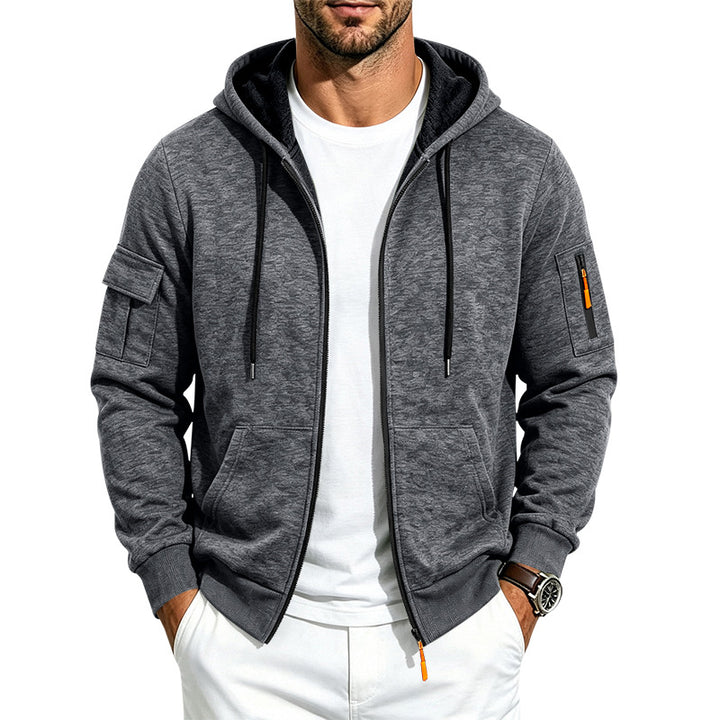 Herren Melierte Zip‑Hoodie‑Jacke mit Utility‑Ärmeltasche und Känguru‑Taschen Echoarchiv