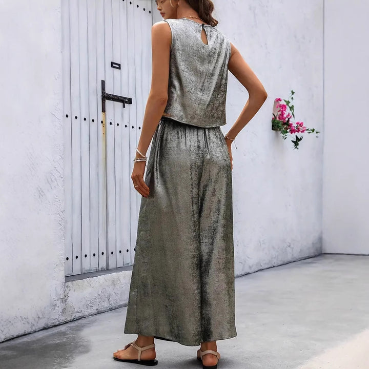 Damen Glänzendes Set aus ärmellosem Oberteil und weitem Hosen Echo Archiv