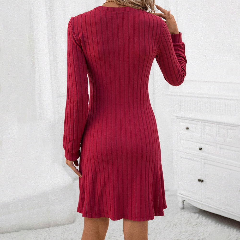 Damen geripptes Strickmidikleid mit V-Ausschnitt figurbetonter Taillenform und Ballonärmeln – Élara