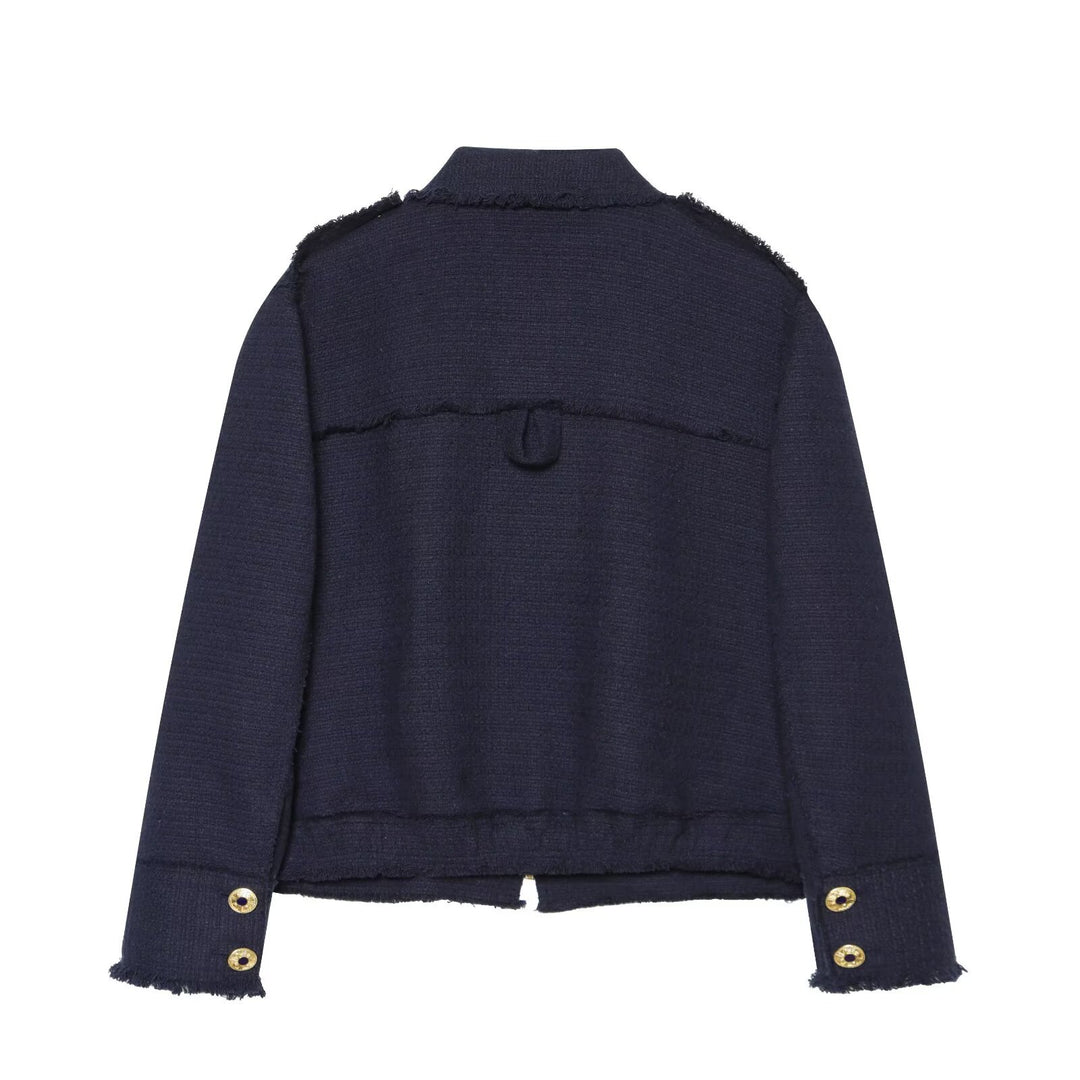 Damen Bouclé‑Tweed Kurzjacke mit Fransenbesatz, Schulterpatten und aufgesetzten Taschen Echo Archiv