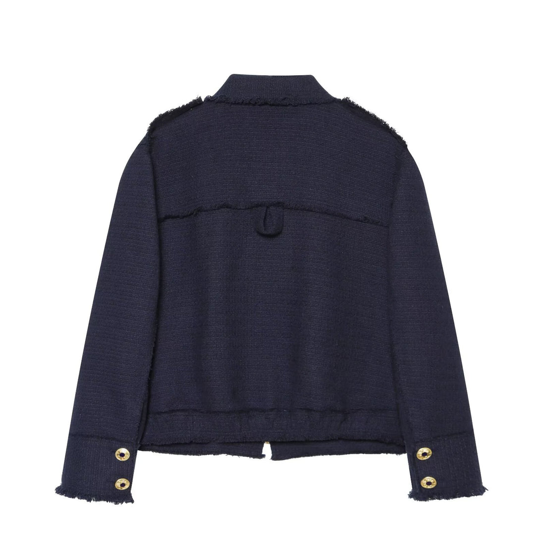 Damen Bouclé‑Tweed Kurzjacke mit Fransenbesatz, Schulterpatten und aufgesetzten Taschen Echo Archiv