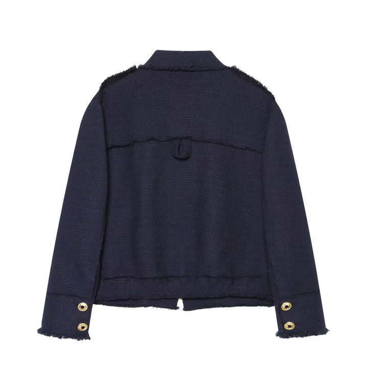 Damen Bouclé‑Tweed Kurzjacke mit Fransenbesatz, Schulterpatten und aufgesetzten Taschen Echo Archiv