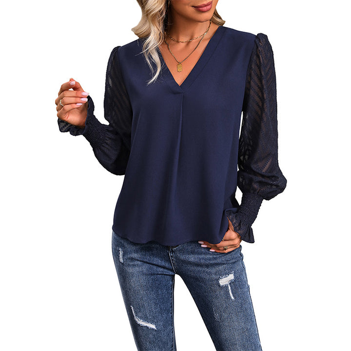 Damen Lockeres V-Ausschnitt-Chiffonblusenshirt mit transparenten Ballonärmeln und Smokbündchen Echoarchiv