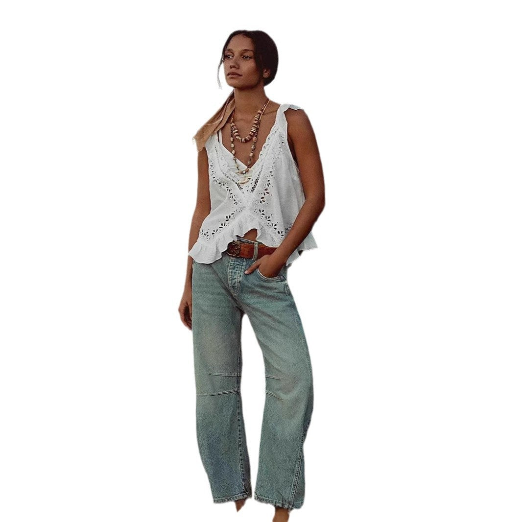 Damen luftiger Leinen-Crop-Top mit Rüschen Echo Archiv