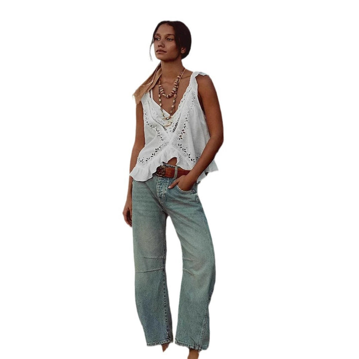 Damen luftiger Leinen-Crop-Top mit Rüschen Echo Archiv