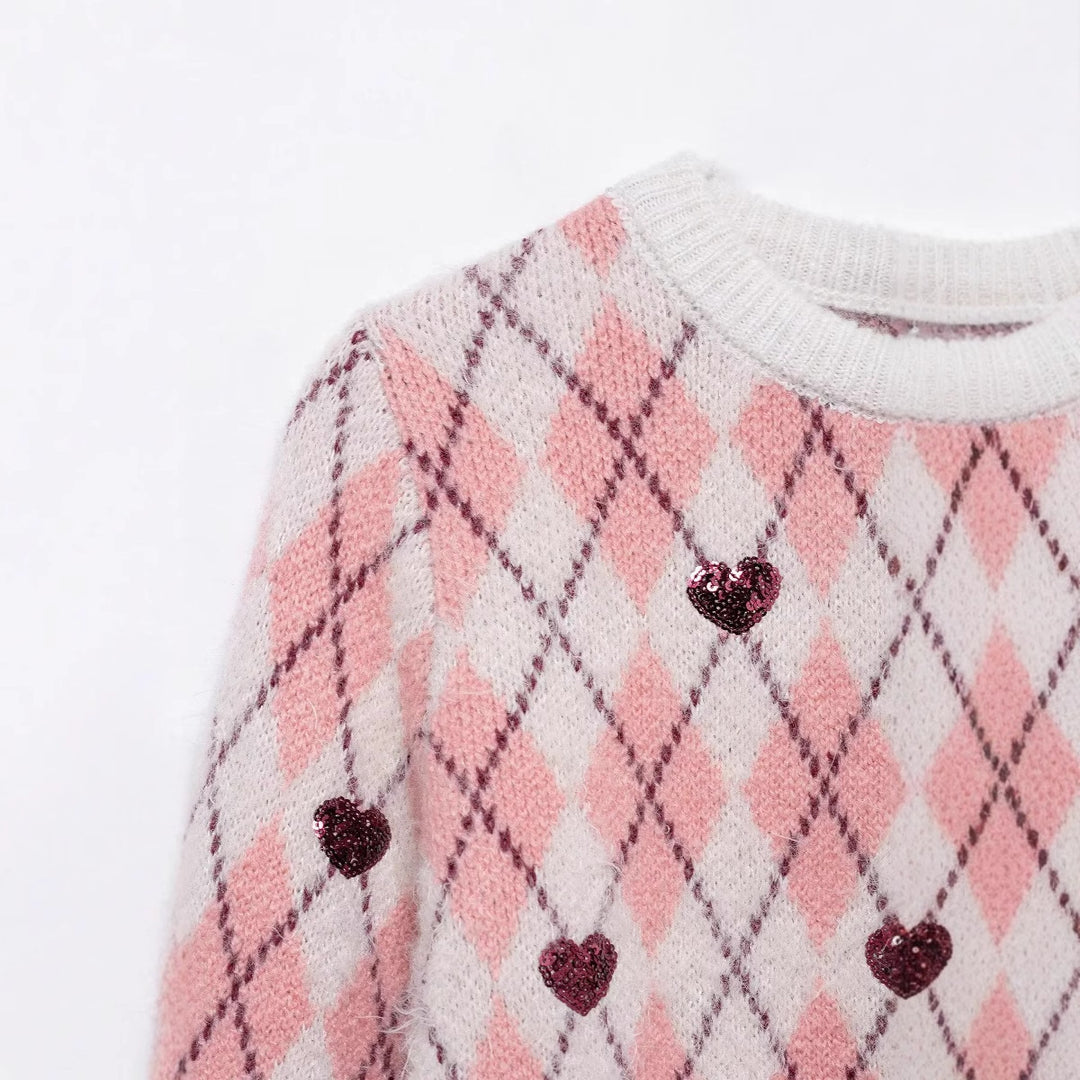 Damen nan verspielter Argyle-Strickpullover mit Paillettenherzen und Rundhalsausschnitt Echo Archiv
