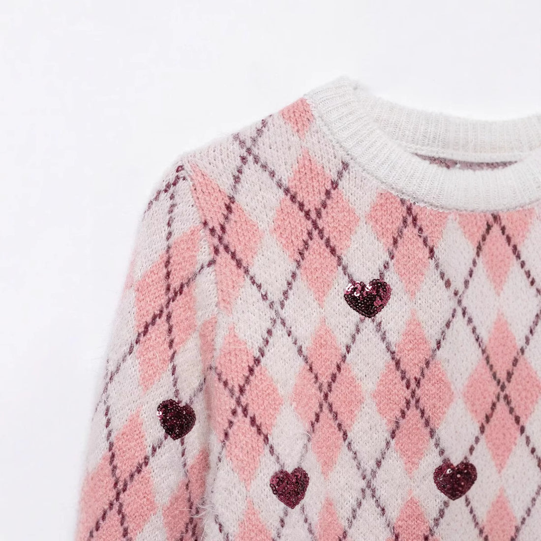 Damen verspielter Argyle-Strickpullover mit Paillettenherzen und Rundhalsausschnitt – Mavelle