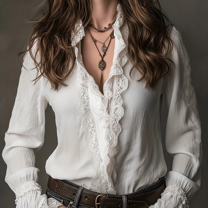 Damen elegante Bluse mit Rüschendetails und Spitzenbesatz Echo Archiv