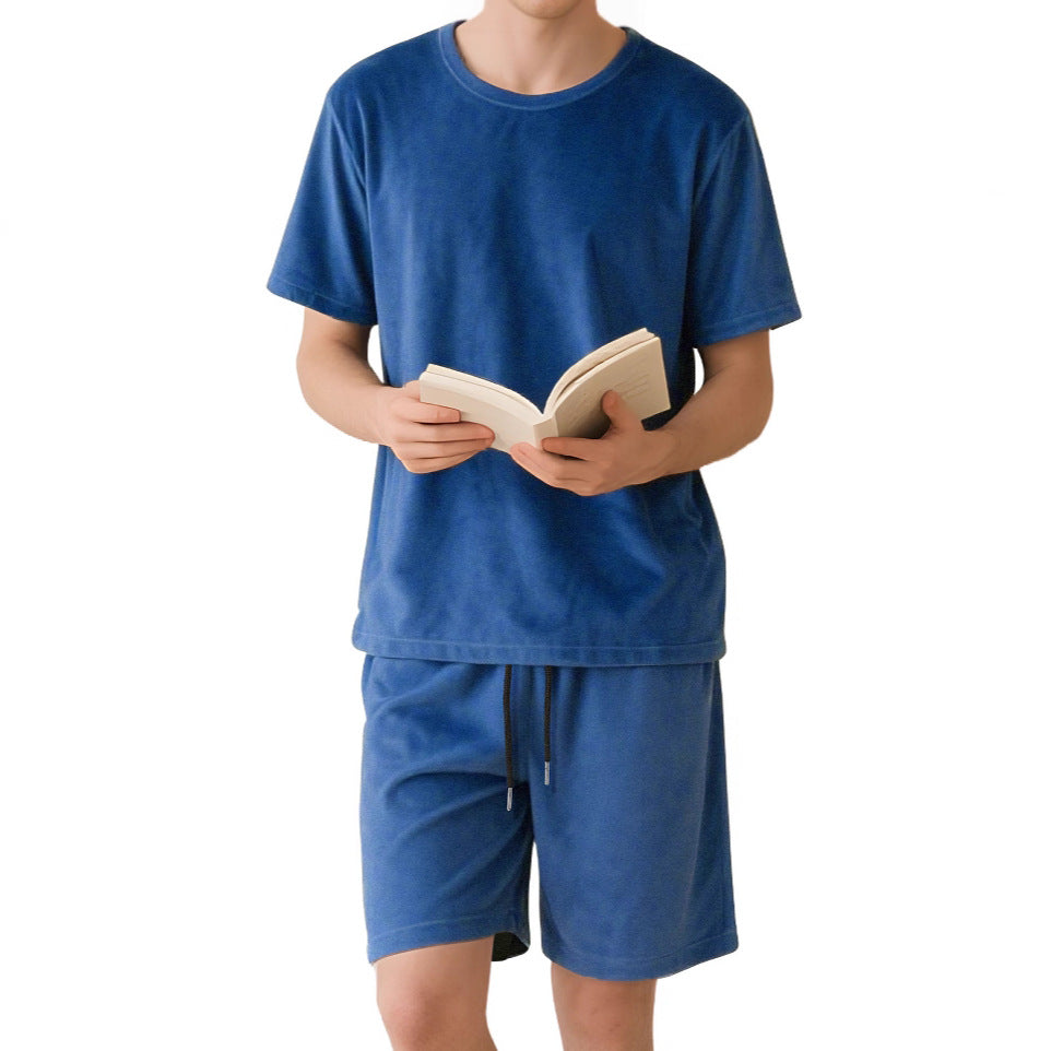 Herren nan Samtvelours Lounge-Set mit Rundhals-Kurzarmshirt und Kordelshorts Echo Archiv